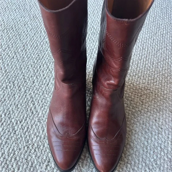 Sezane Mahogany Brown Leather Heeled Western Boots - Picture 1 of 8